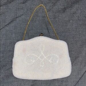 Vintage Mantessa White Beaded Clutch with Gold Chain handmade in Japan